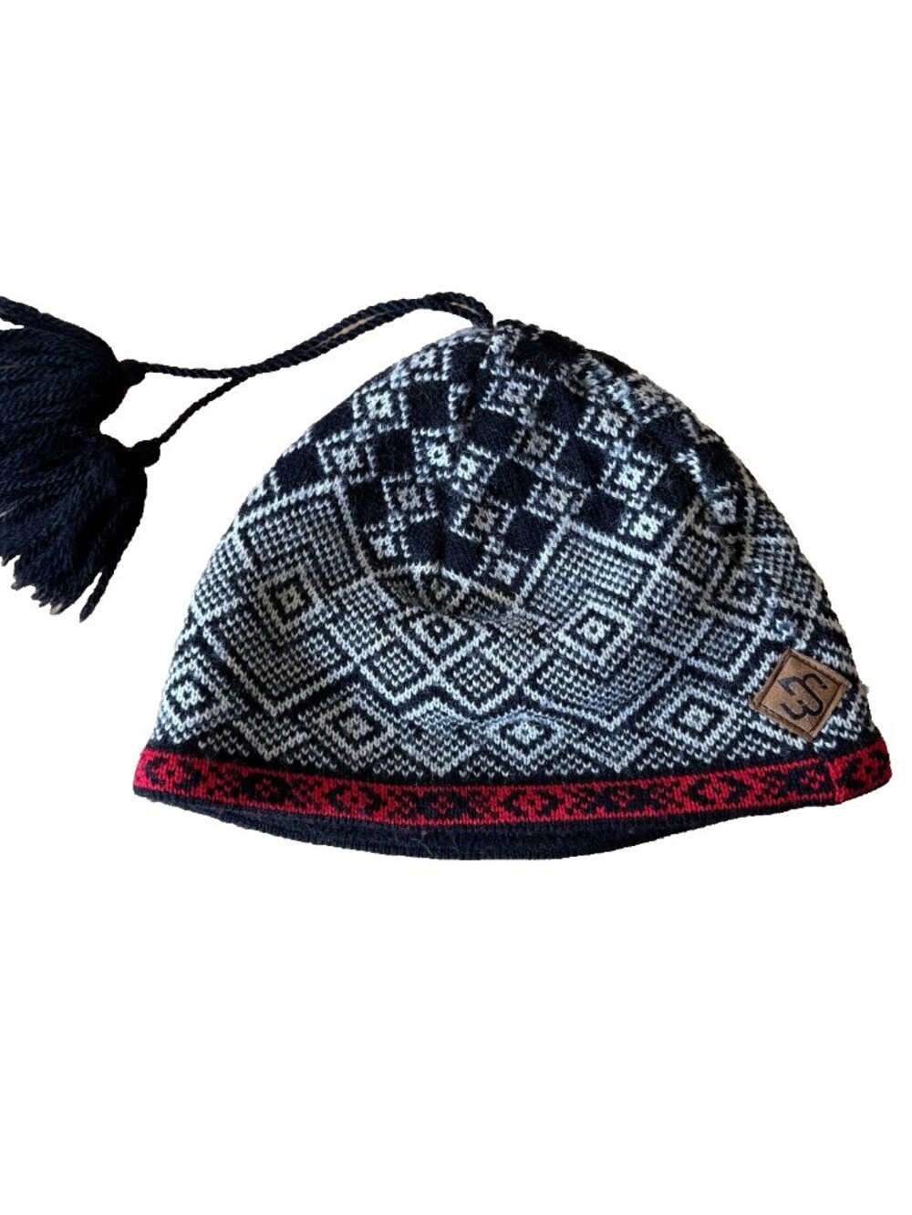 Merkley Headgear Fair Isle Beanie Wool Blend Tassel Black White Nordic Ski Hat